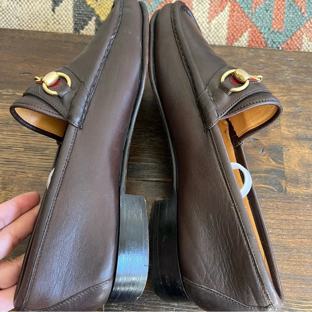 GUCCI Brow Leather Web Detail Horsebit Loafers EU41.5 US8